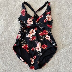 Mollybell One Piece Floral Black Swimsuit Racerback Full Coverage Bottom XL NWT